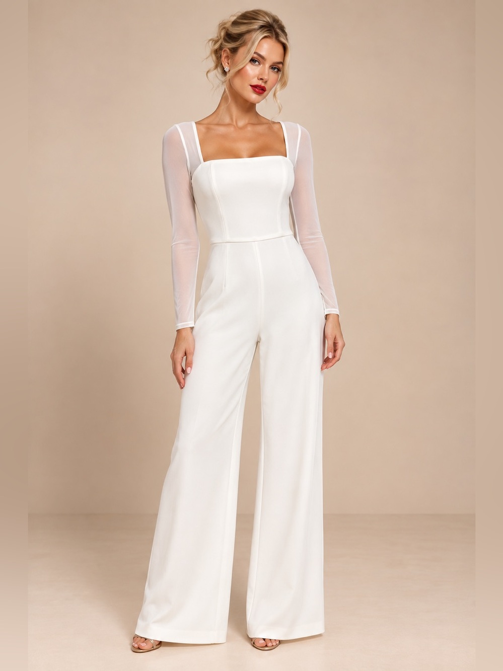 NWT-Lovingly Yours White Mesh Long Sleeve Jumpsuit